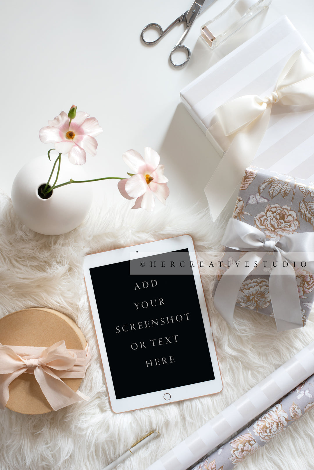 Tablet & Gifts with Ribbon on Faux Fur, Stock Image