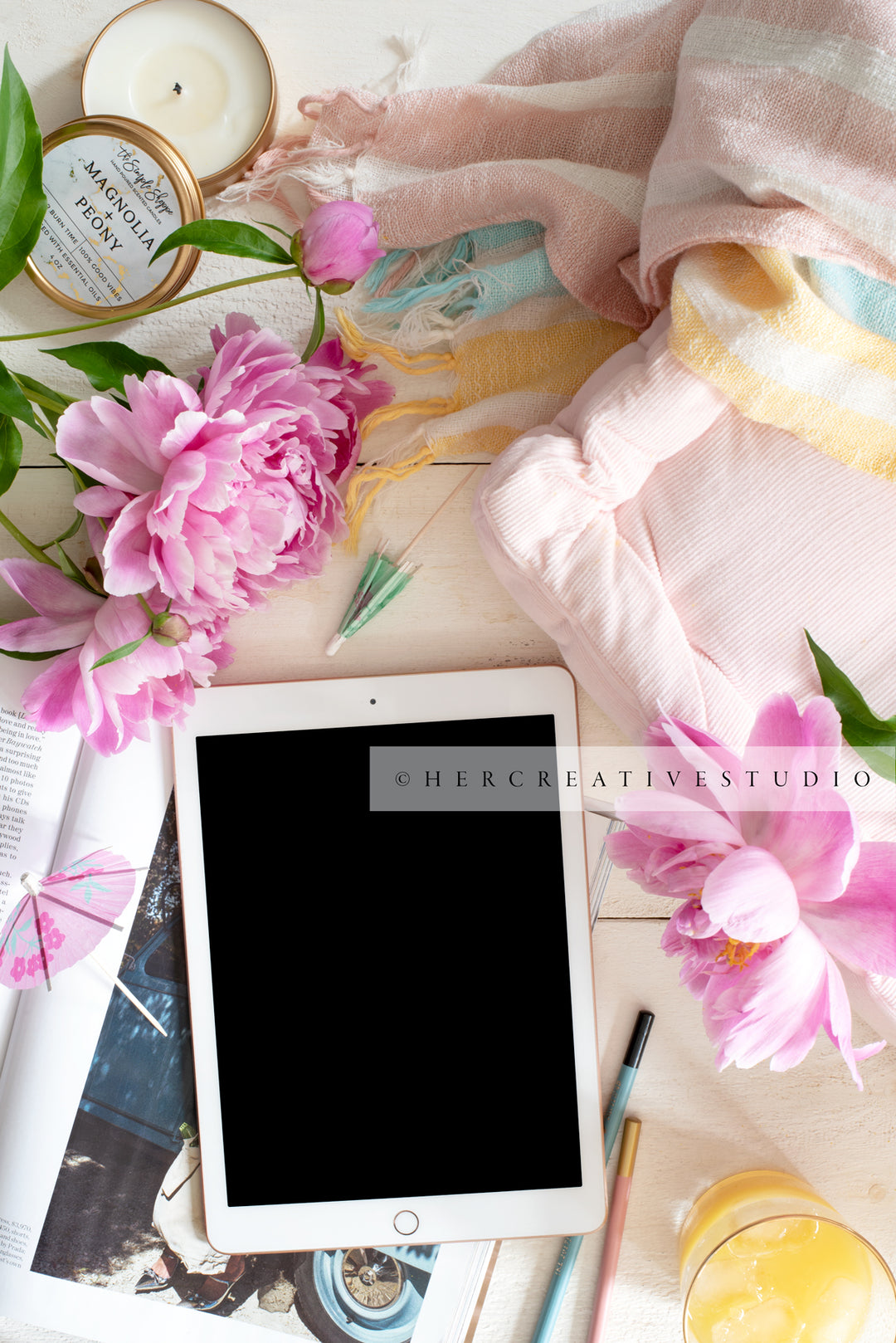Tablet, Candle & Pink Peonies. Digital Image