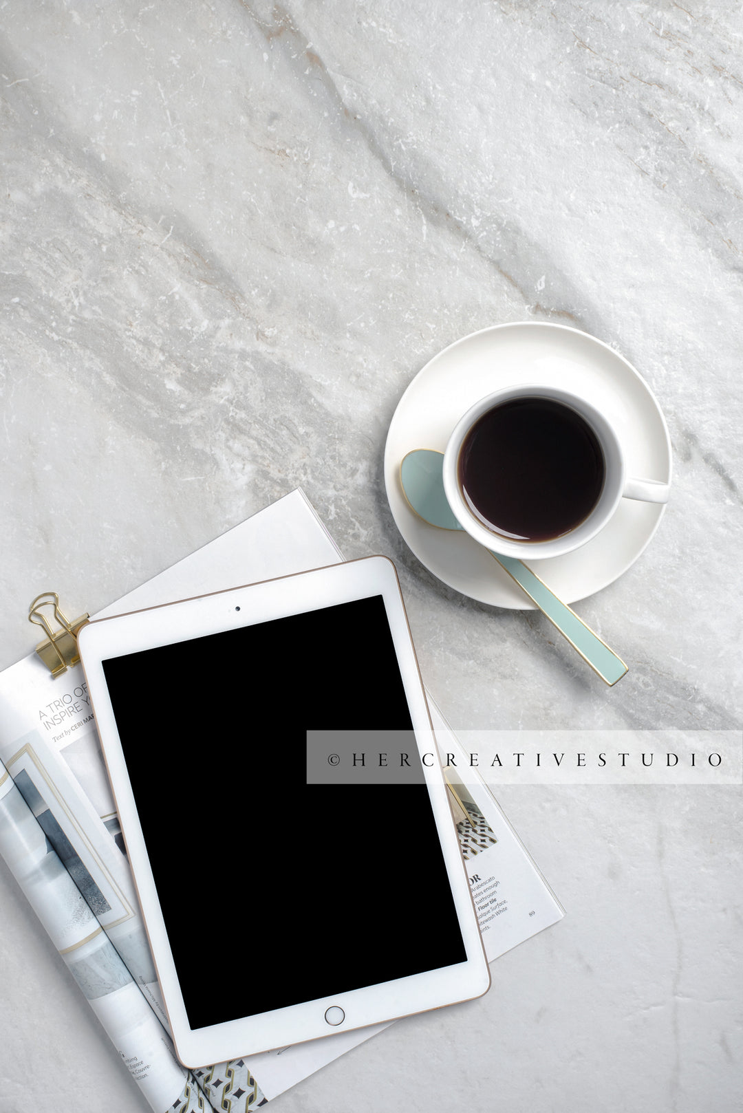 Tablet and Coffee on Marble Background