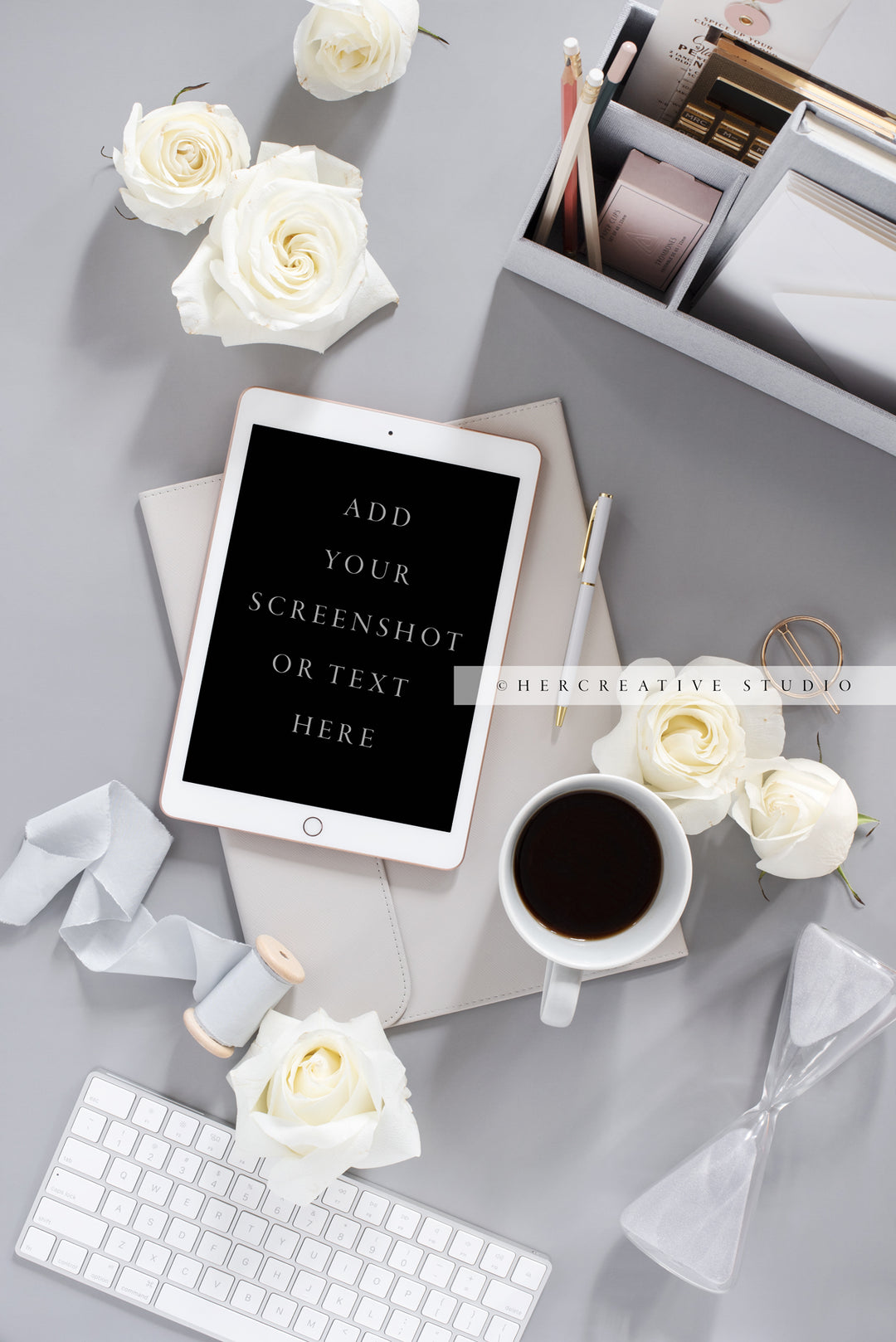 Tablet, Coffee and Roses on Grey Background. Stock Image