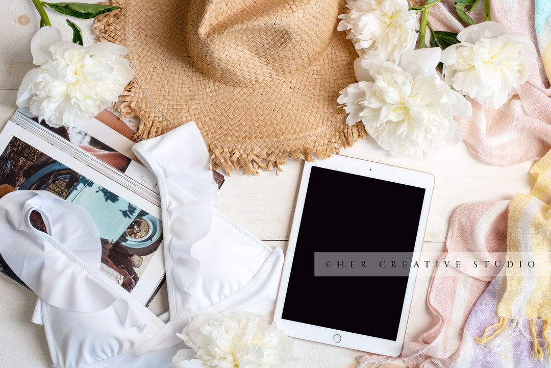 Tablet, Sun Hat, Bikini & White Peonies. Digital Image