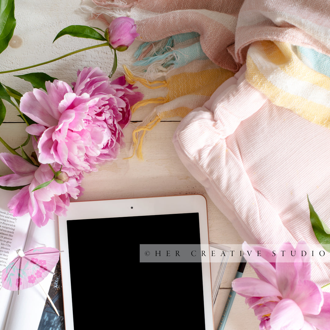 Tablet, Pink Peonies & Cushion. Digital Image