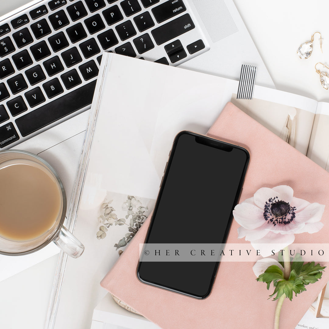Smartphone, Anemone & Coffee on Workspace, Styled Stock Image