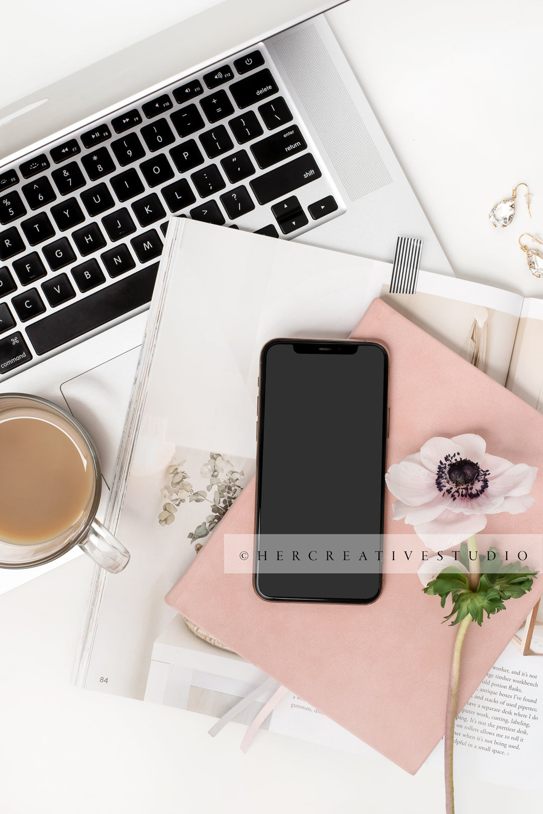 Smartphone, Coffee & Earrings on White Workspace, Styled Stock Image