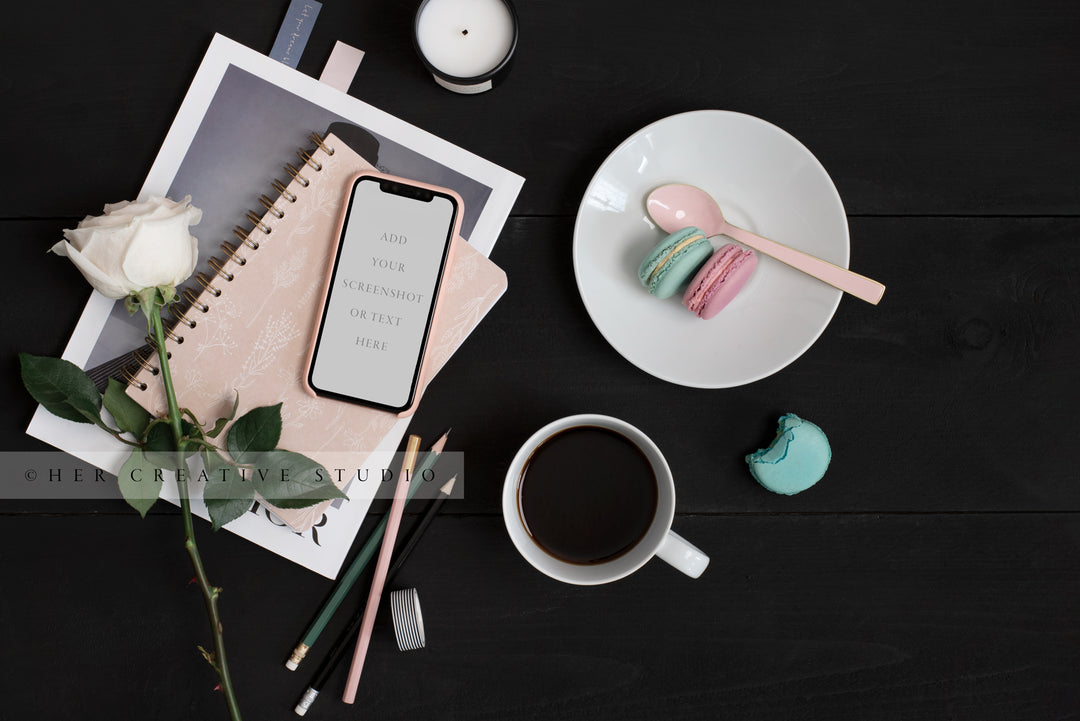 Smartphone, Notebook & Coffee on Black Background