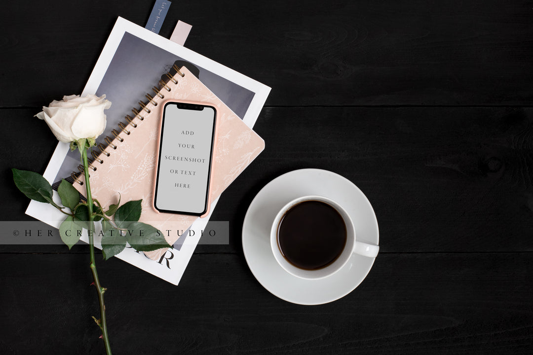 Smartphone, Rose & Coffee on Black Background