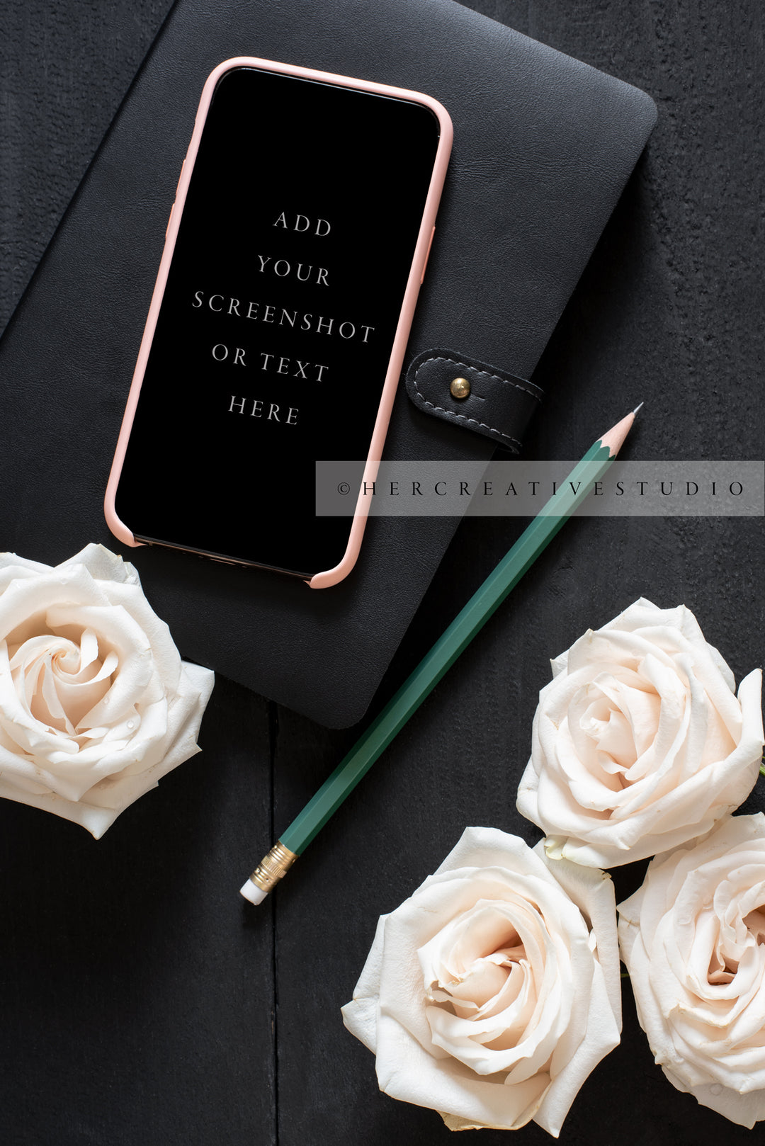Smartphone, Roses & Pencil on Black Desk