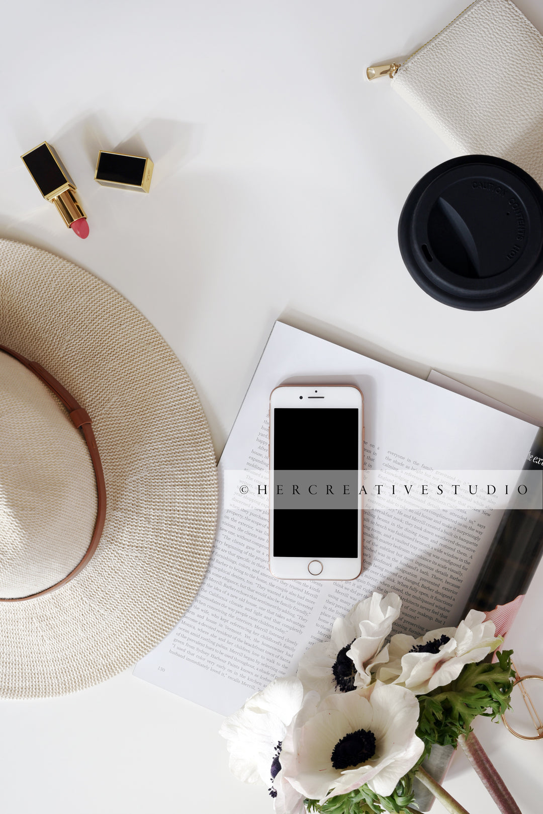Panama Hat, Smartphone & Coffee, Styled Image