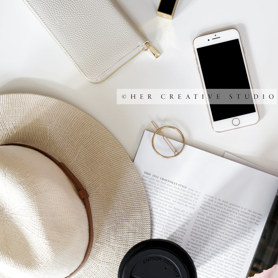 Smartphone, Panama Hat & Magazine, Styled Image