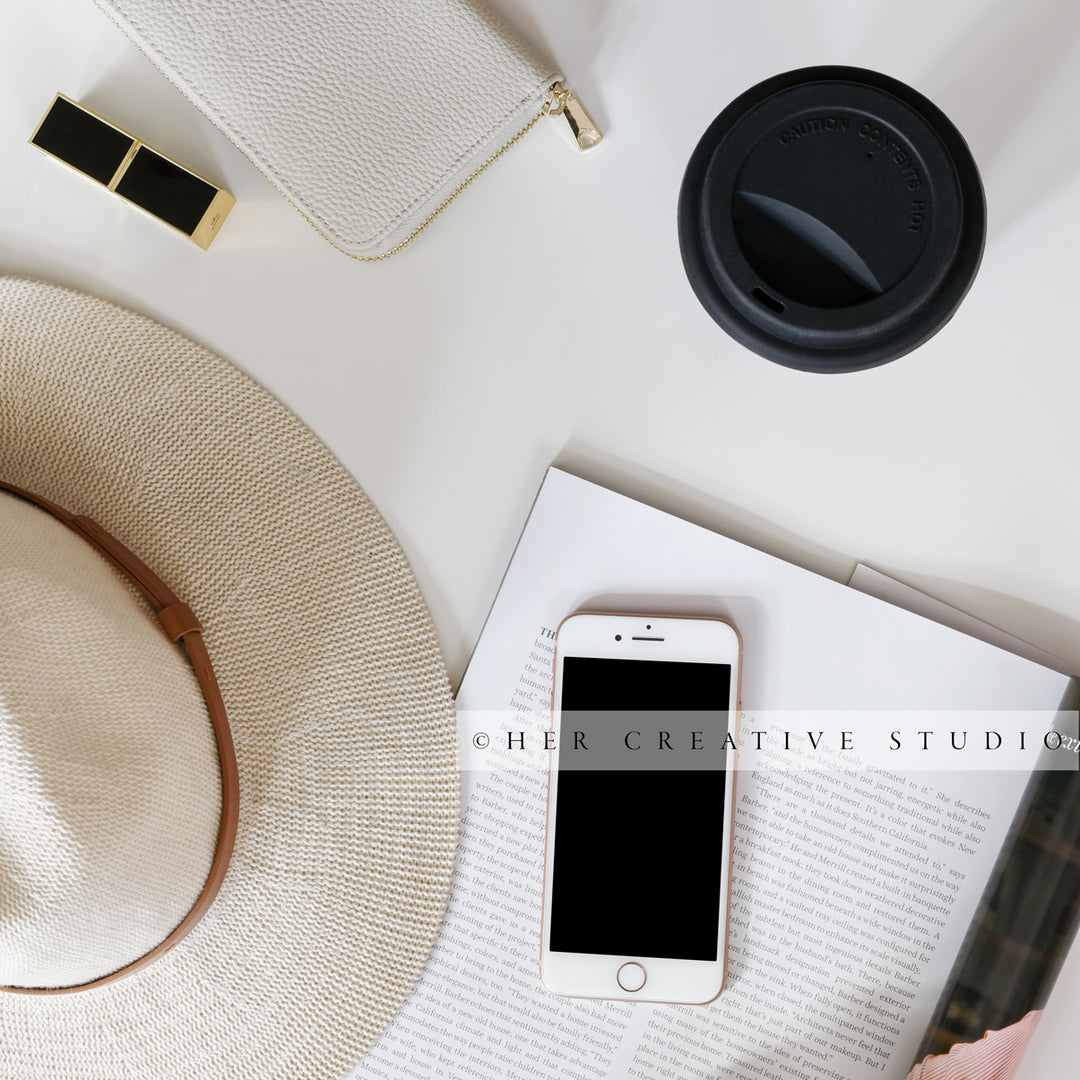 Smartphone, Panama Hat & Coffee, Styled Image