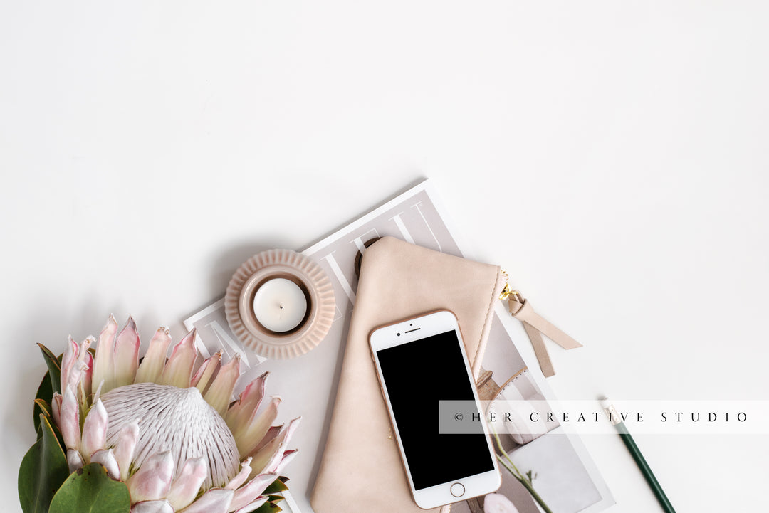 Protea & Smartphone on White Background