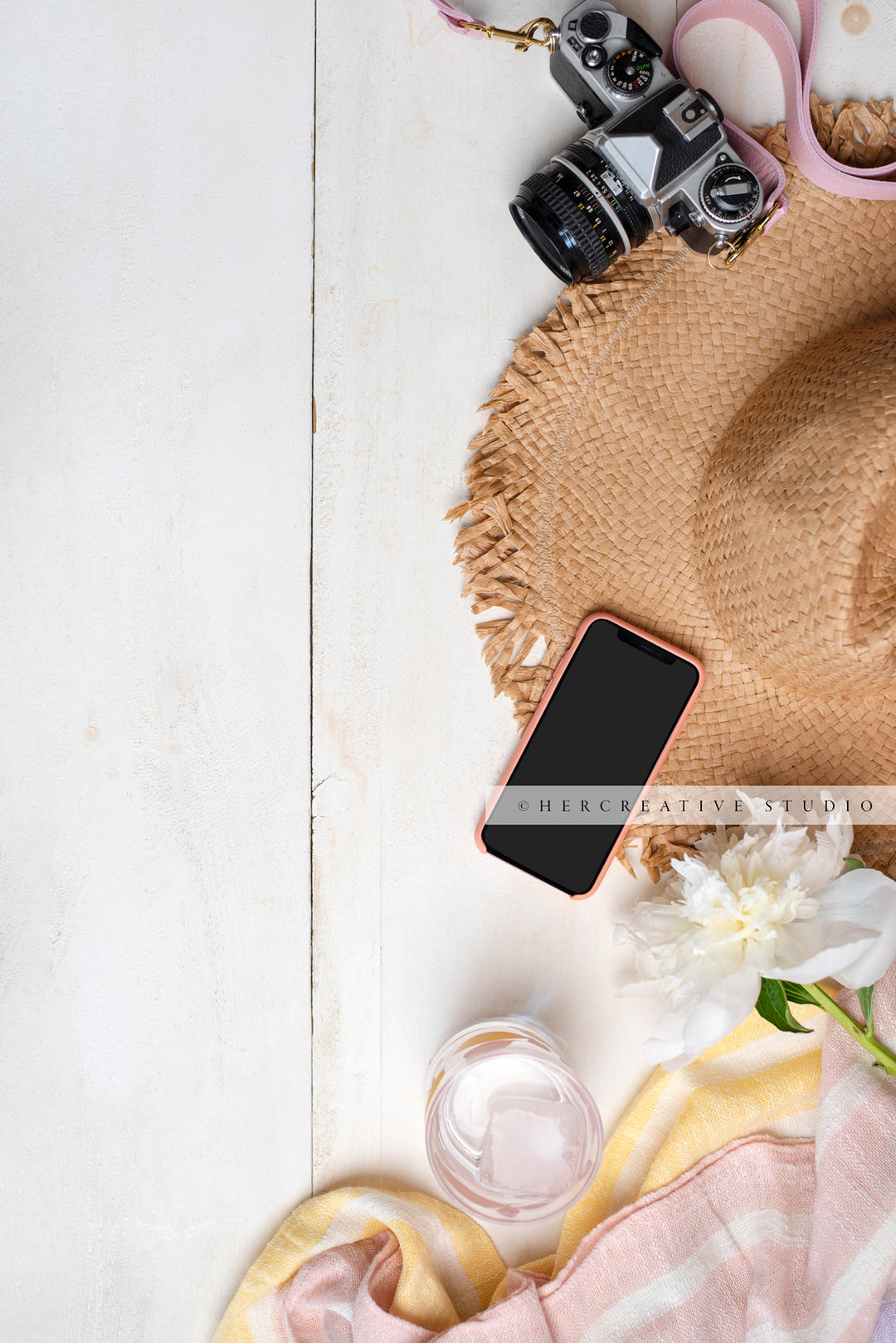 Smartphone, Sun Hat & Peonies. Digital Image