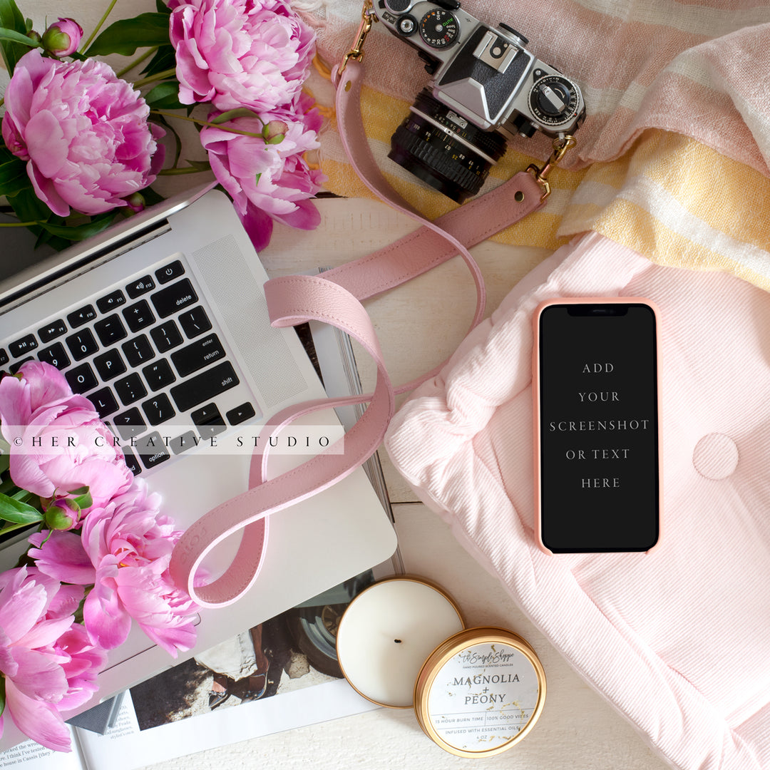 Smartphone, Pink Peonies & Cushion. Digital Image