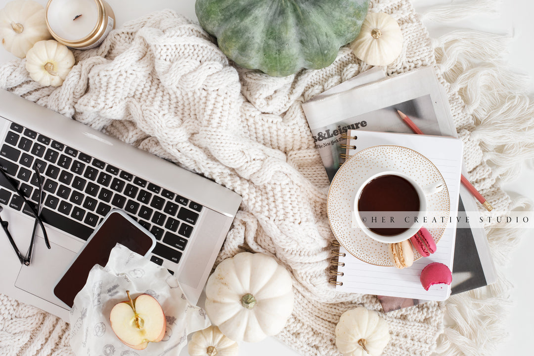 Tea, Fall Pumpkins, Apples & Laptop. Digital Stock Image.