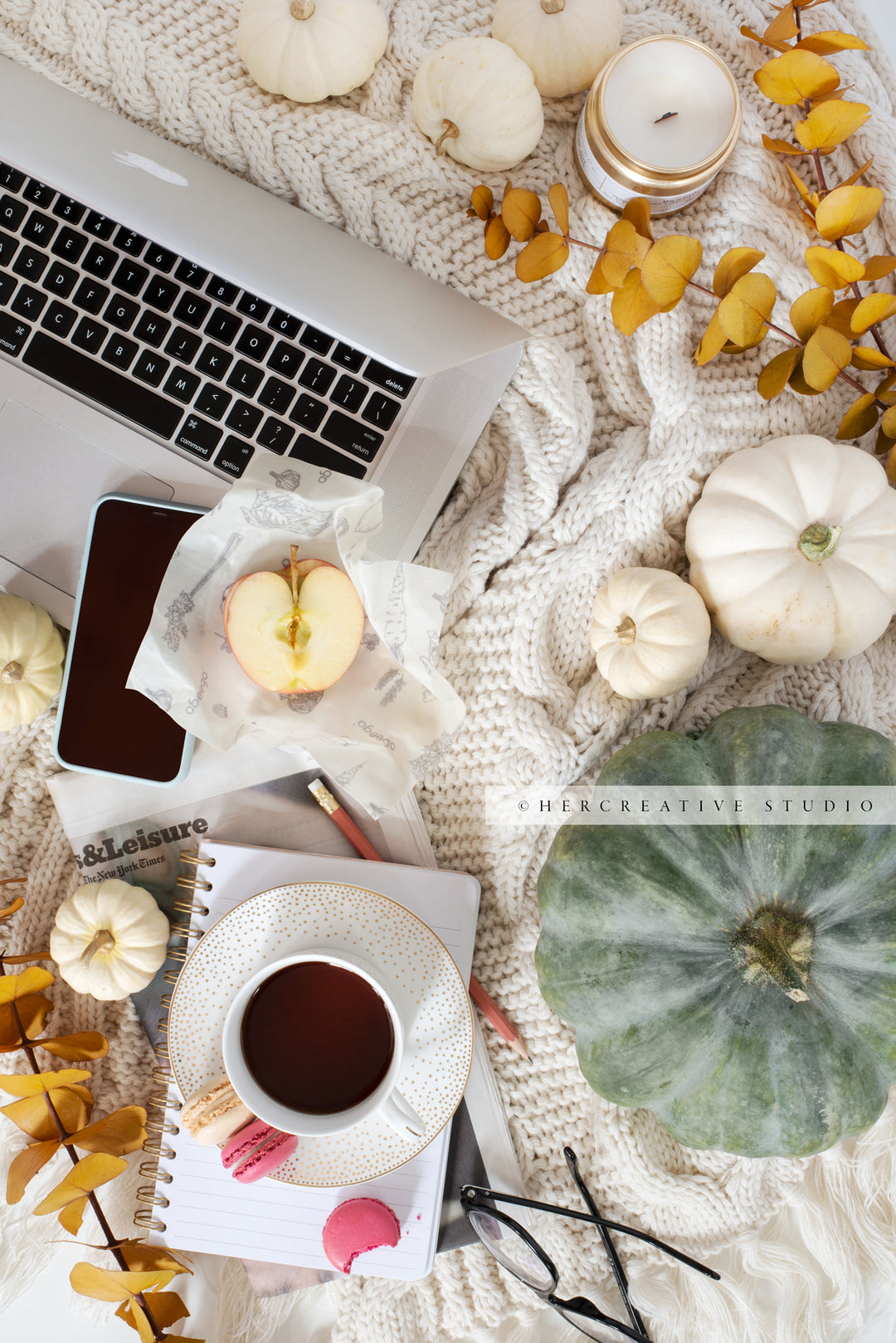 Tea, Fall Pumpkin & Laptop. Digital Stock Image.