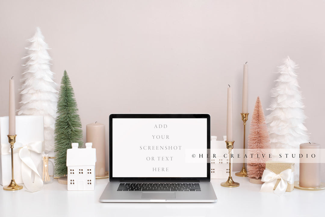 Holiday Mockup with Laptop, Nude Candles & White Trees