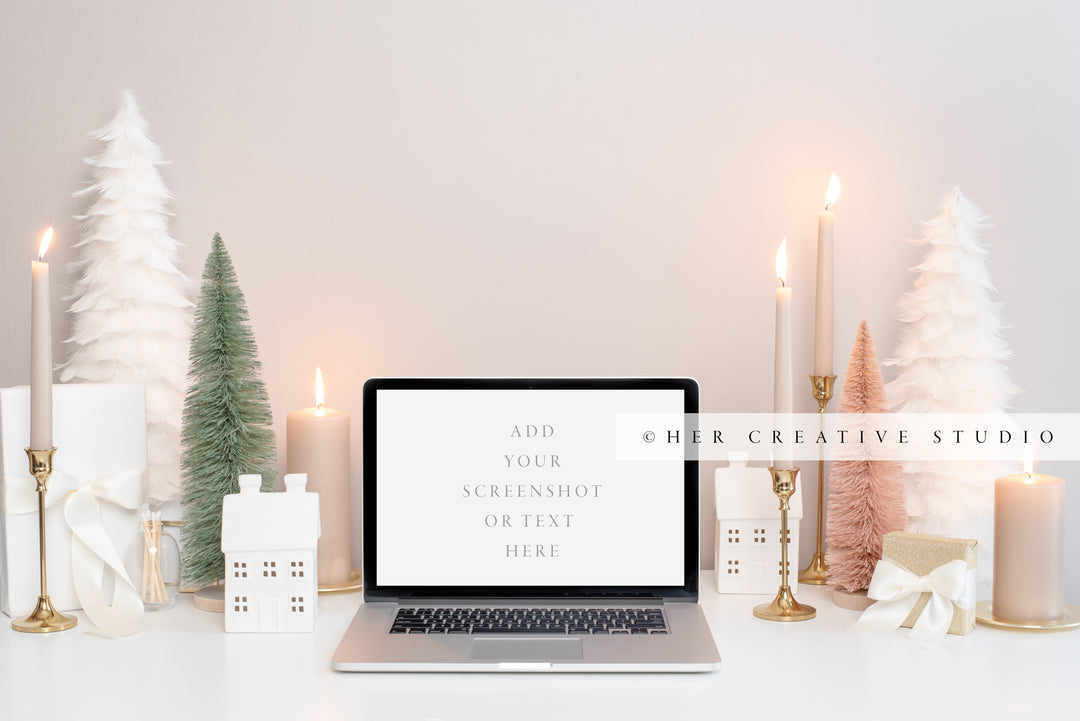 Holiday Mockup with Laptop, Lit Candles & Trees