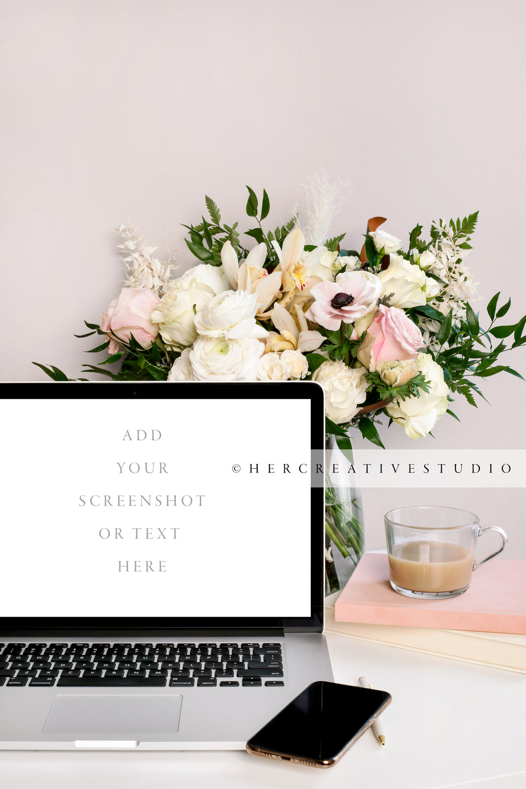 Laptop, Coffee & Flowers on Pretty Workspace, Styled Stock Image