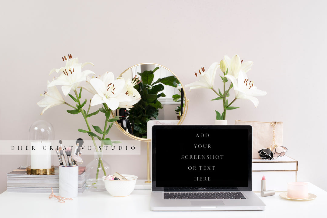 Laptop, Lillies & Makeup on Desk, Styled Stock