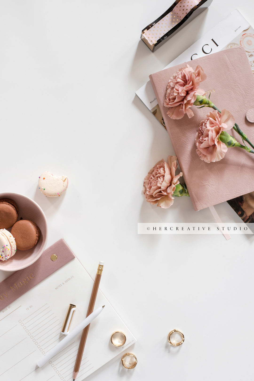 Daily Planner, Macarons & Carnations. Digital Image.