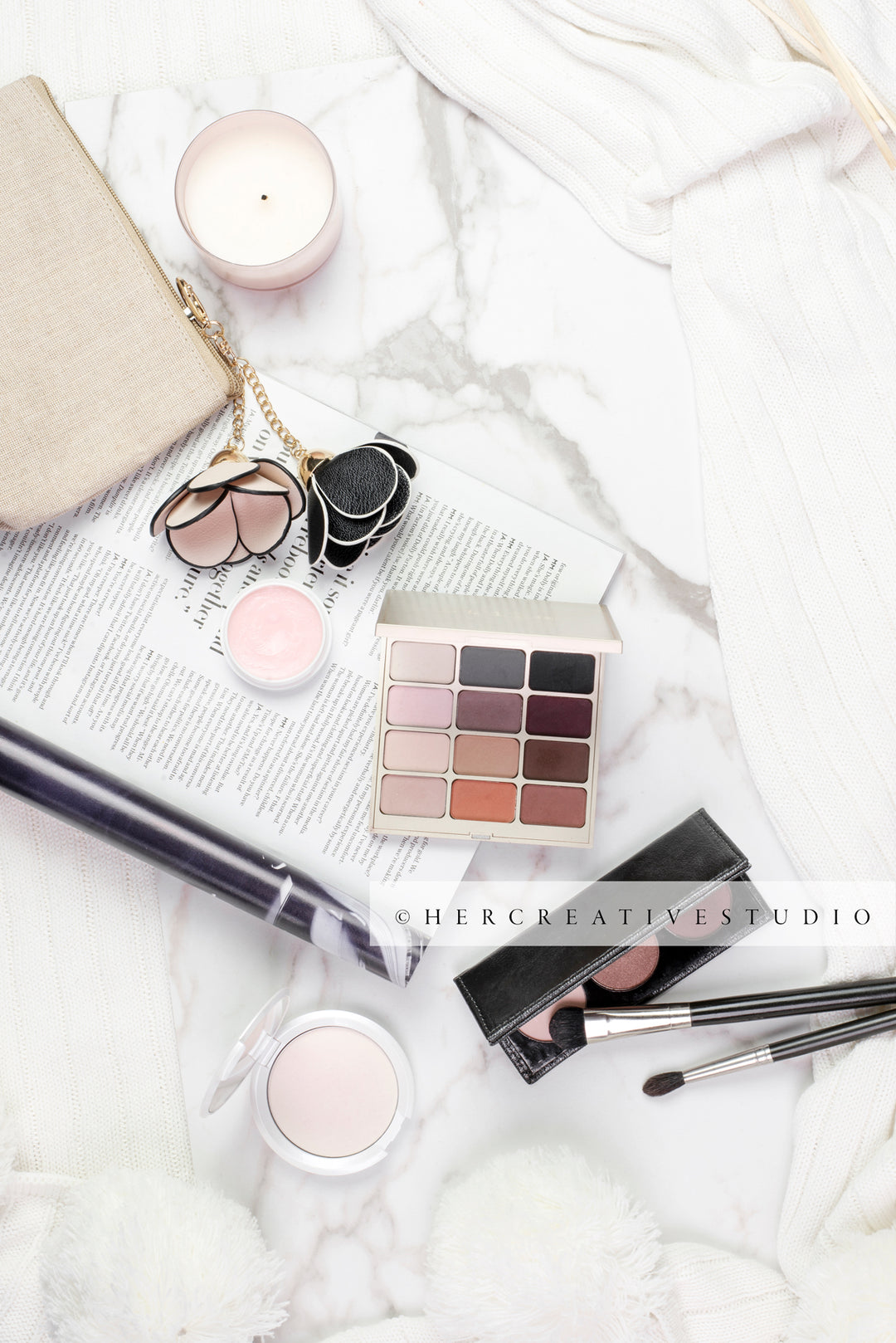 Makeup & Candle on Marble Table, Styled Stock