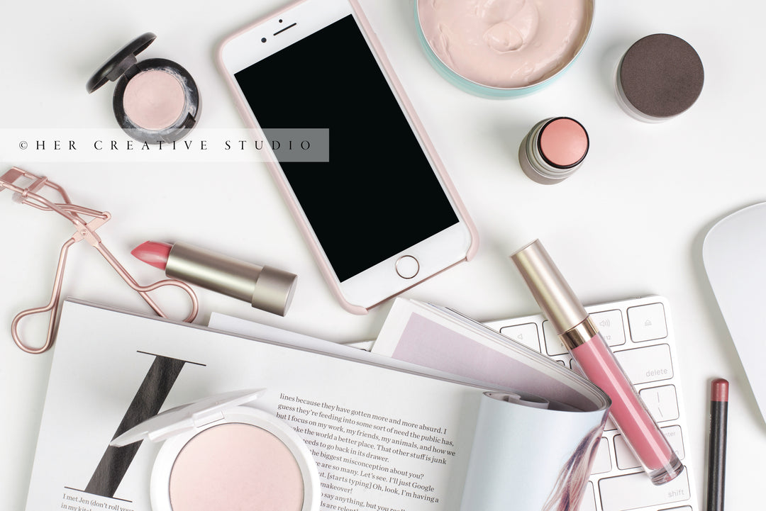 Makeup & Smart Phone on White Background, Styled Stock