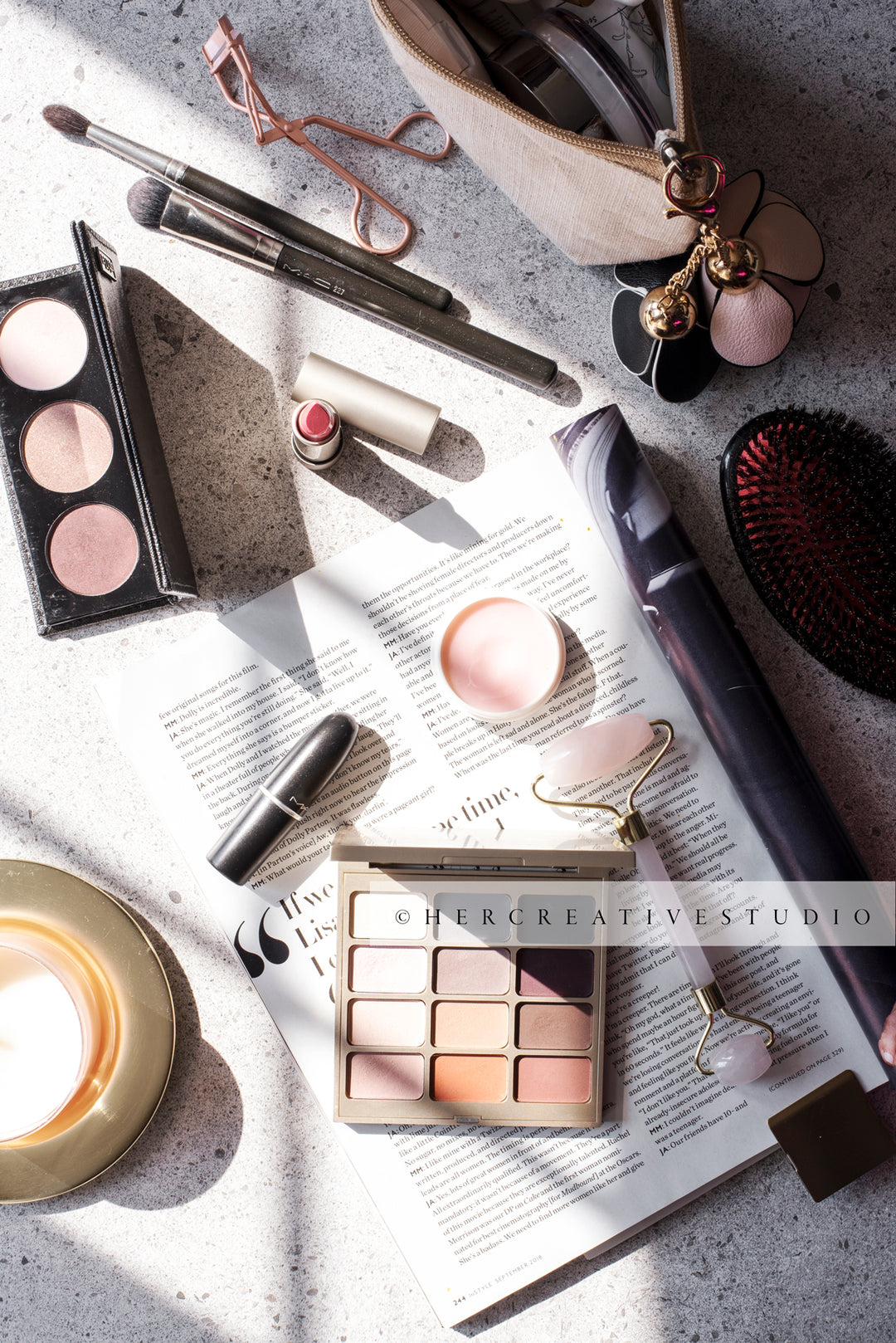 Makeup in Sunlight on Granite Table, Styled Stock