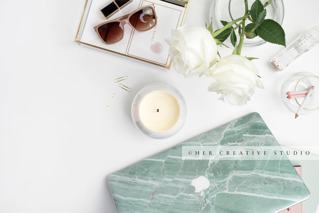 Sunglasses, Marble Laptop and Candle Styled Image