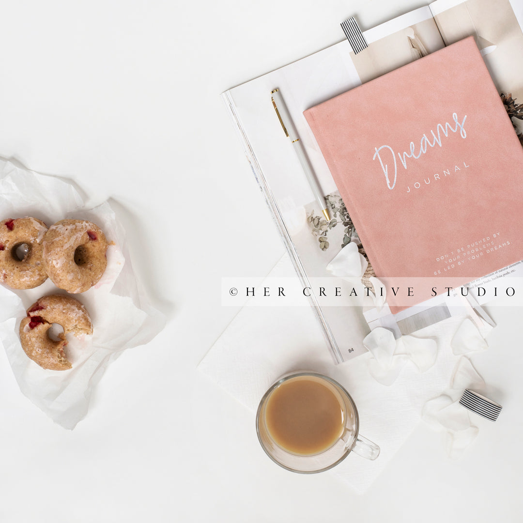 Coffee & Strawberry Donuts on Workspace, Styled Stock Image