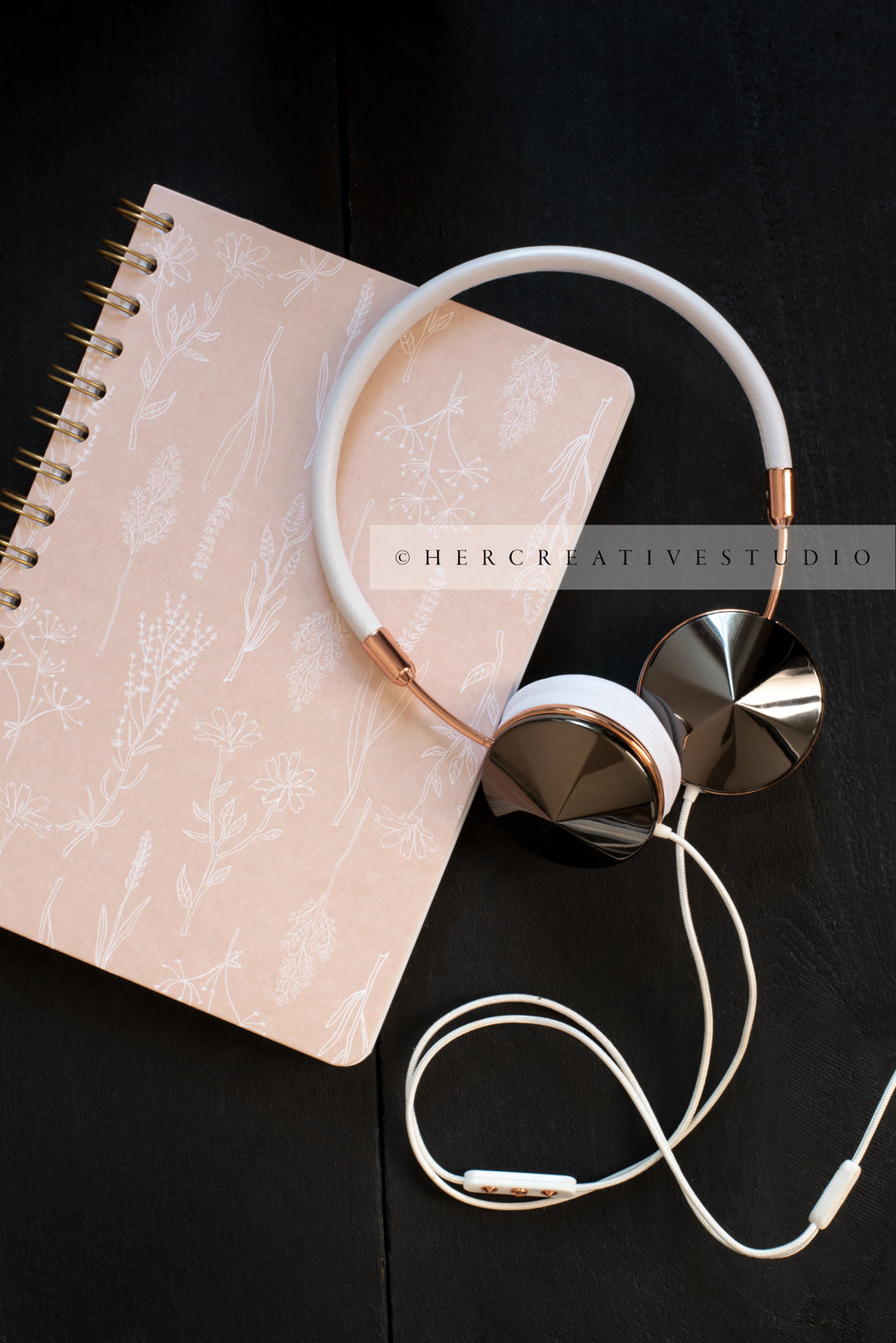 Notebook, Headphones & Coffee on Black Desk