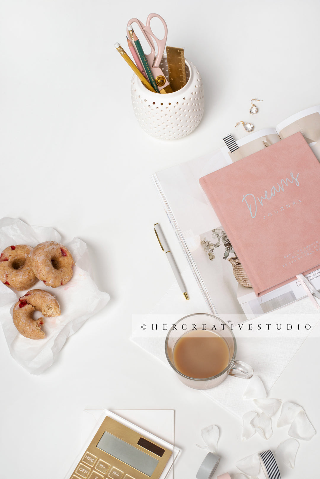 Calculator, Donuts & Coffee on White Background, Styled Stock Image