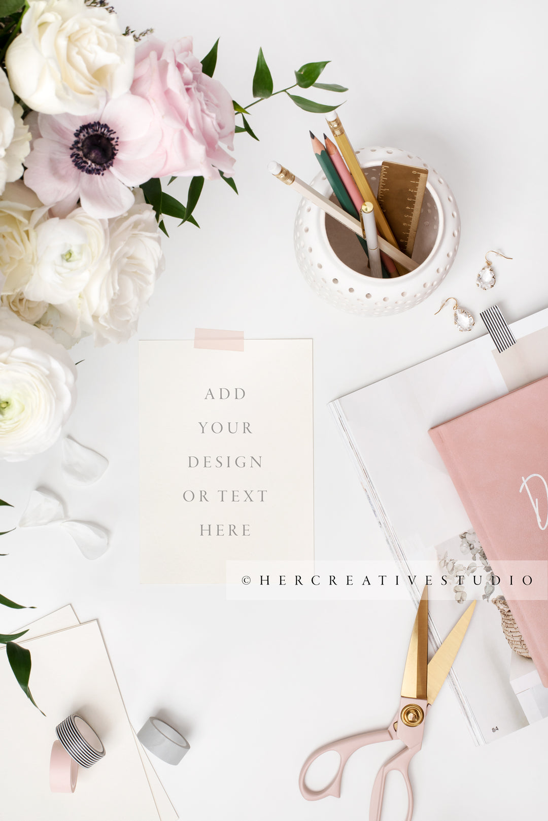 Stationery, Flowers & Pencils on Pretty Workspace, Styled Stock Image