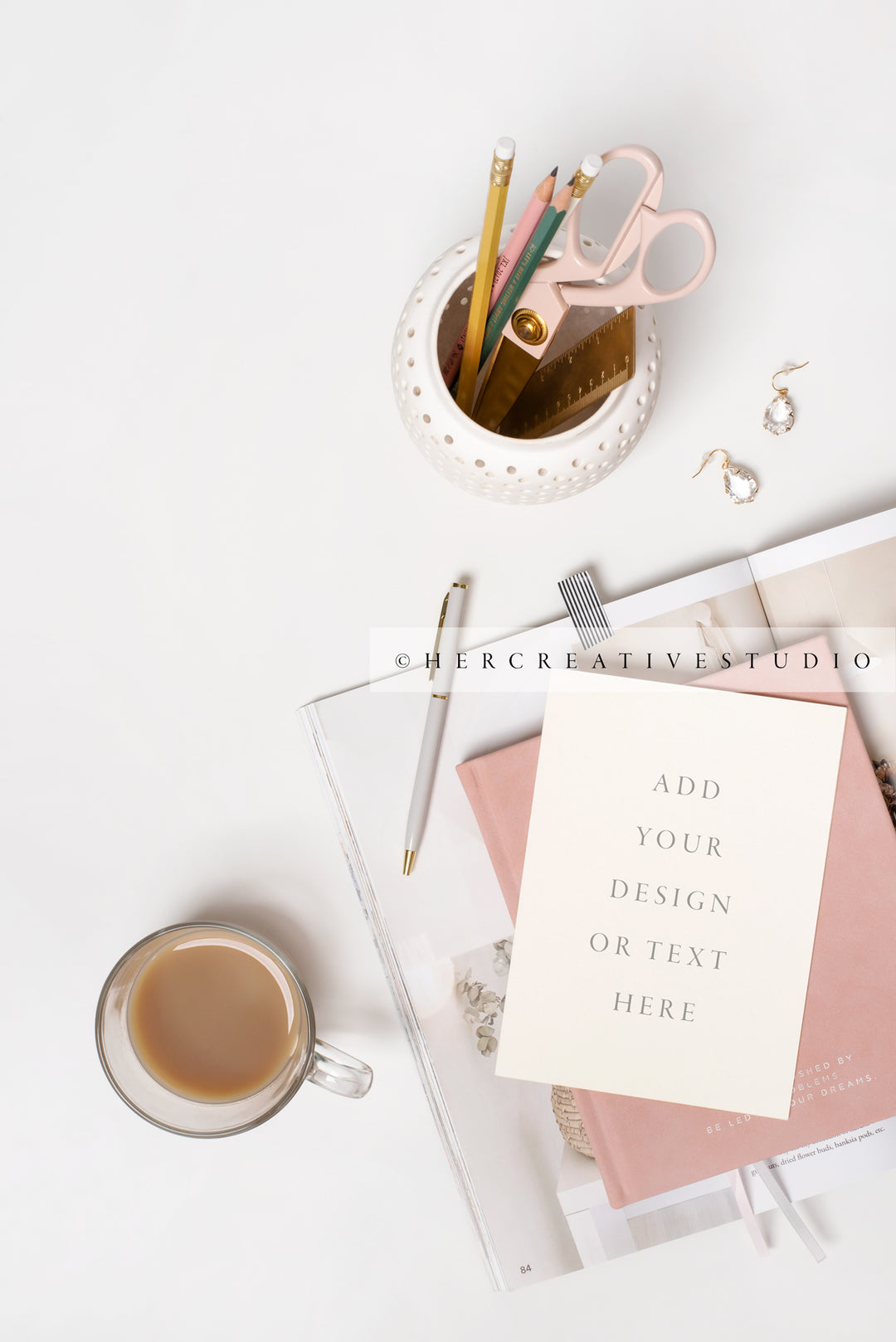 Stationery, Coffee & Scissors on Pretty Workspace, Styled Stock Image