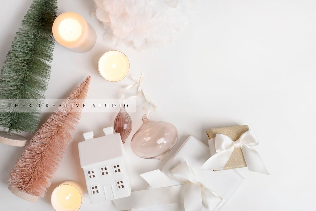 Holiday Flatlay with Trees, Candles, Village Home & Ornaments