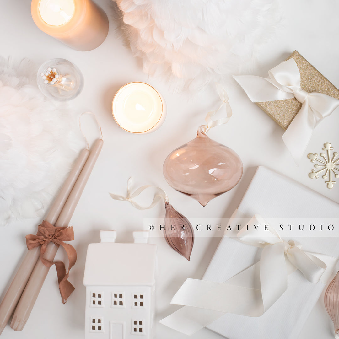 Holiday Trimings Flatlay on White Background