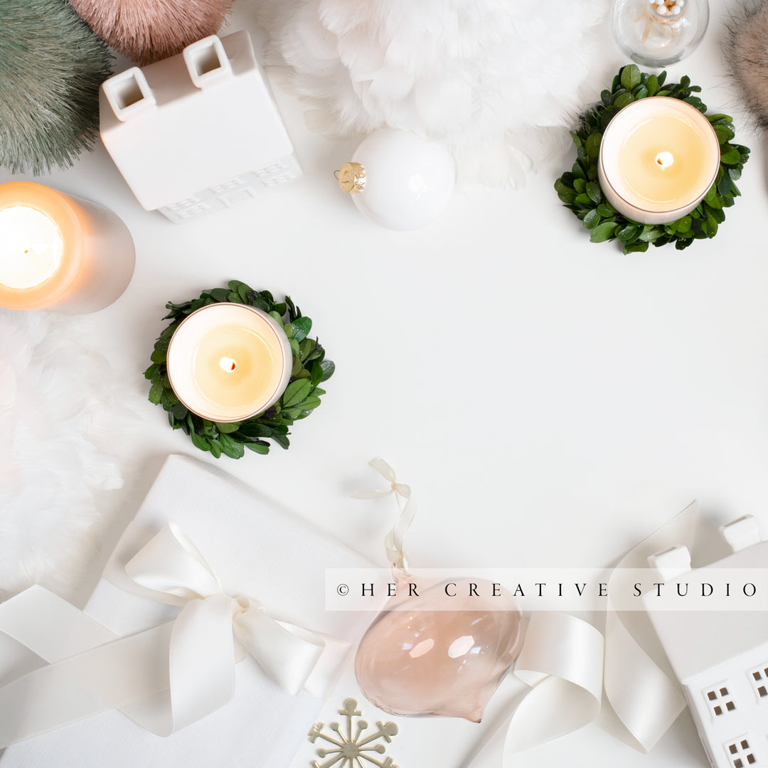 Holiday Tree, Candles & Trimings on White Background