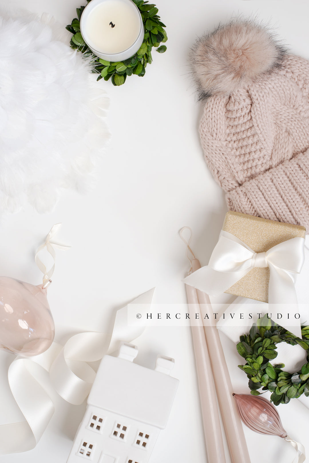 Holiday Styled Image with gifts, Warm Hat & Candle