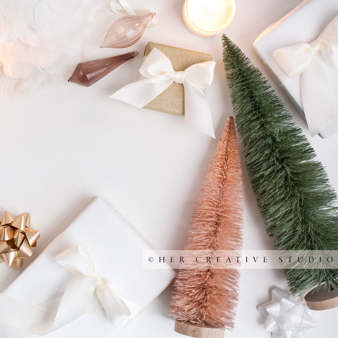 Holiday Gifts, Trees & Candles on White Background