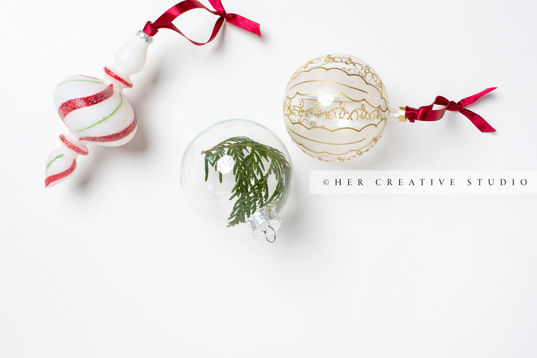 Holiday Ornaments in Red, Gold & Green, Styled Image