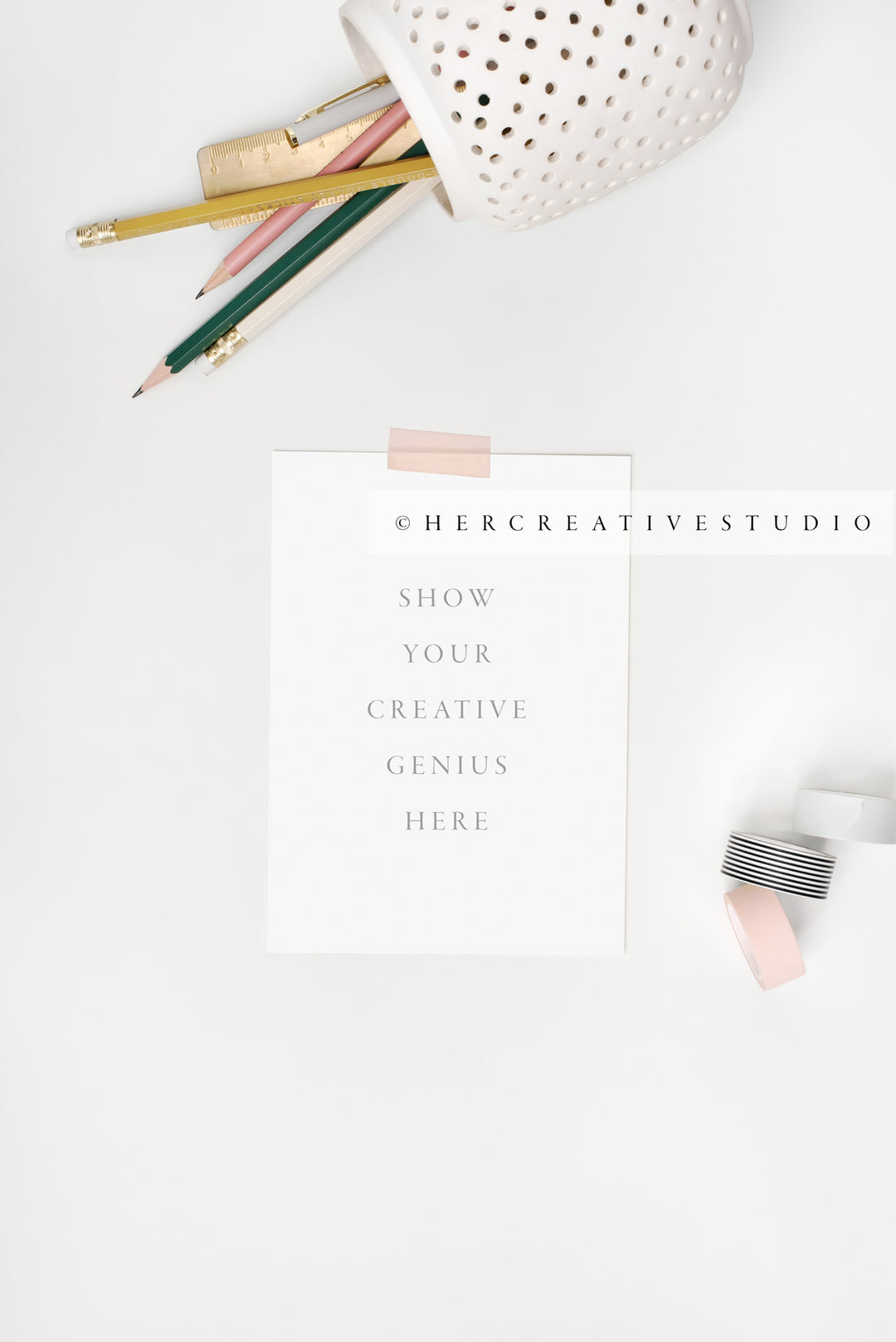 Stationery, Pencils & Washi Tape on White Background, Styled Stock Image