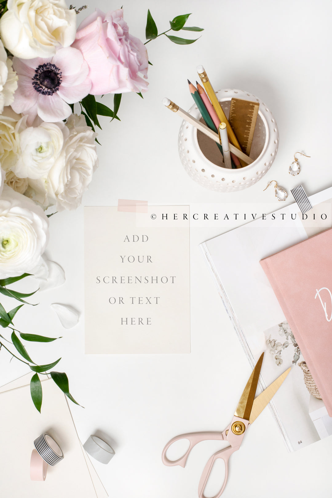 Stationery, Flowers & Scissors on Pretty Workspace, Styled Stock Image