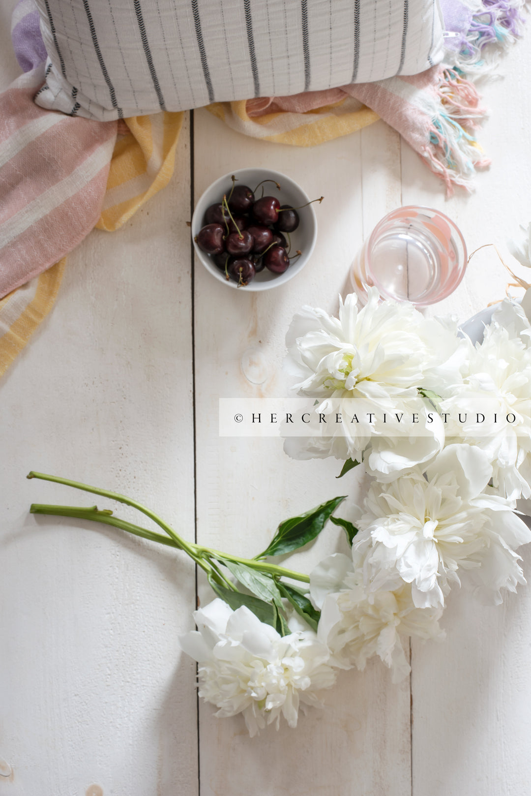 White Peonies & Cherries on Wood Background. Digital Image