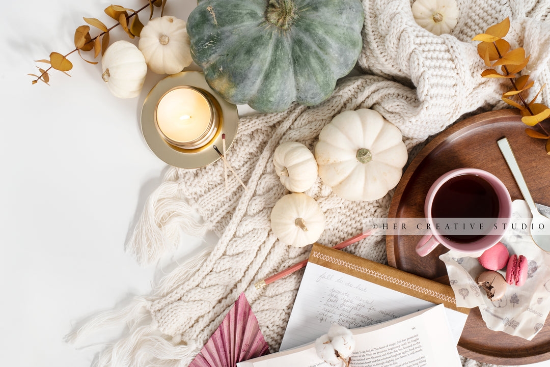 Coffee, Lit Candle & Fall Pumpkins. Digital Stock Image.