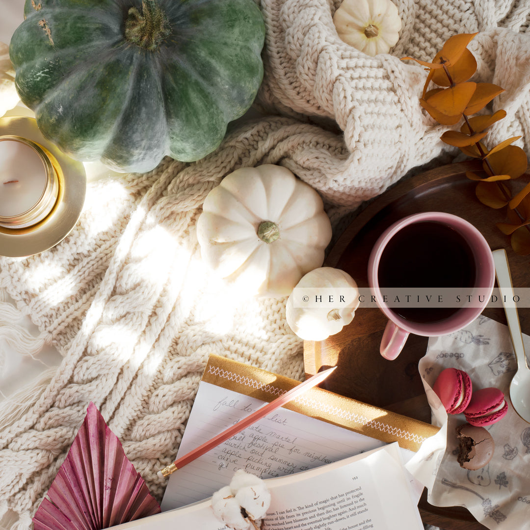Coffee, Candle & Fall Pumpkins. Digital Stock Image.