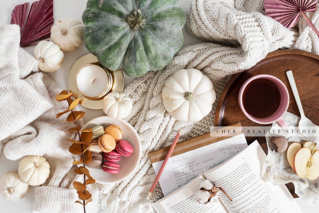 Coffee, Sweaters, Candle & Fall Pumpkins. Digital Stock Image.