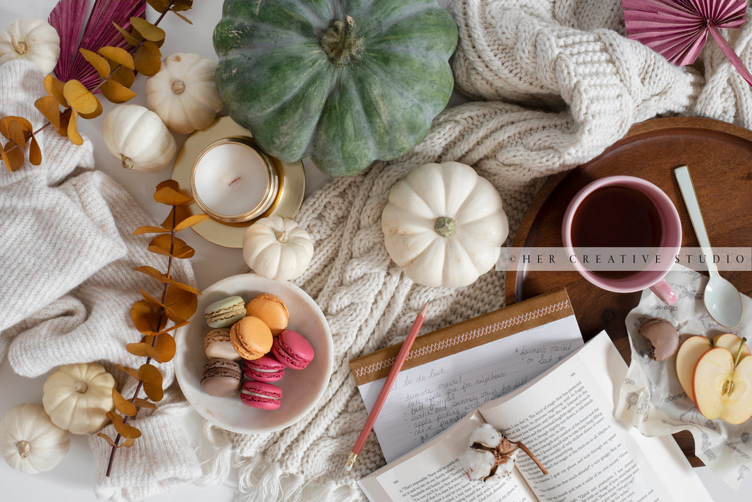 Coffee, Macarons, Candle & Fall Pumpkins. Digital Stock Image.