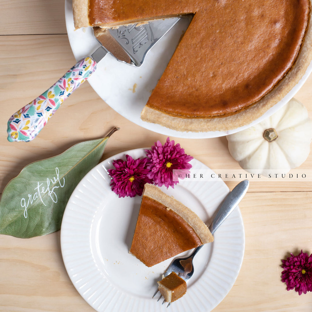 Pumpkin Pie & Grateful on Wood Table