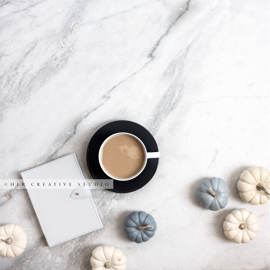 Pumpkins, Notebook & Coffee on Marble