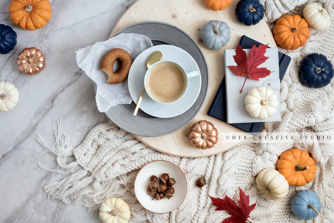 Pumpkins, Maple Leaf & Coffee on Marble