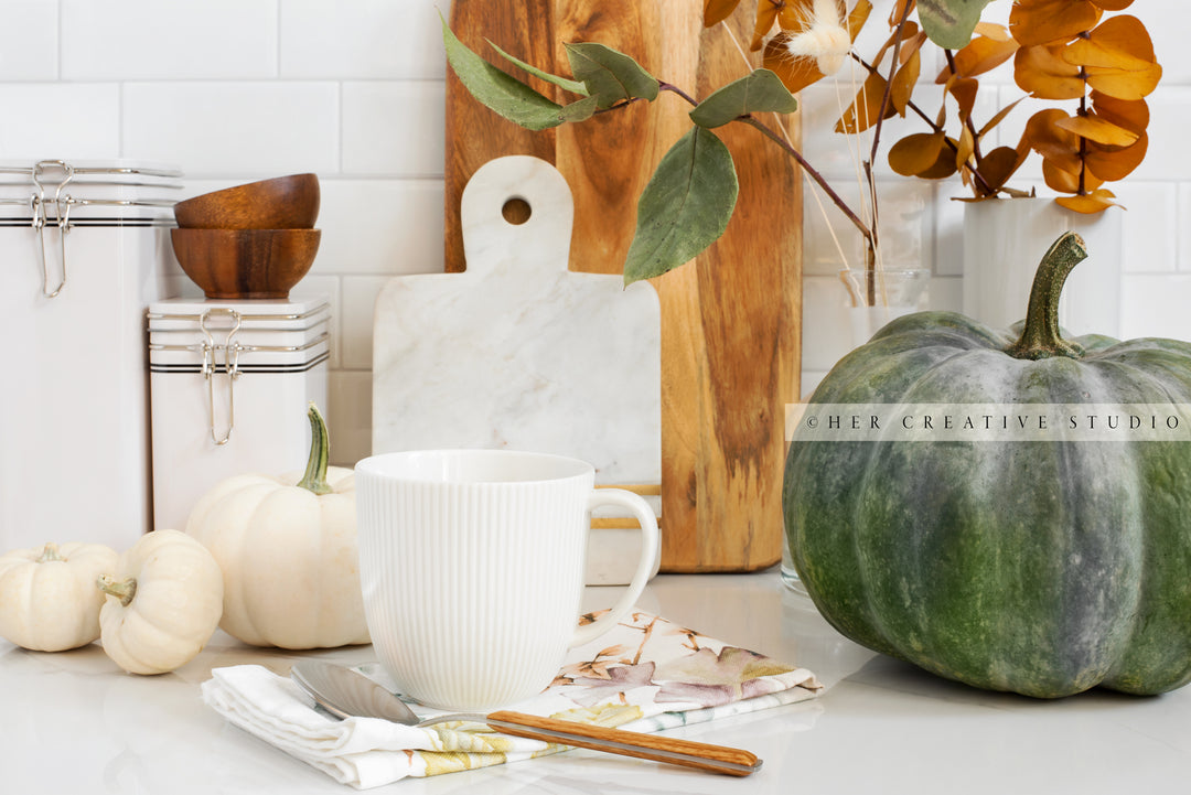Coffee & Pumpkins in Fall Kitchen. Digital Stock Image.